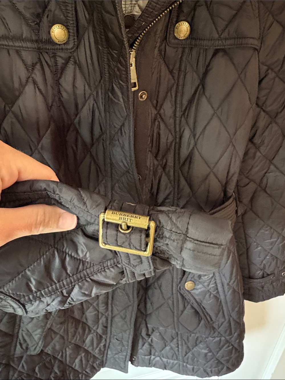Burberry Brit Black Quilted Belted Jacket Coat Nova Check Lining - Picture 4 of 10